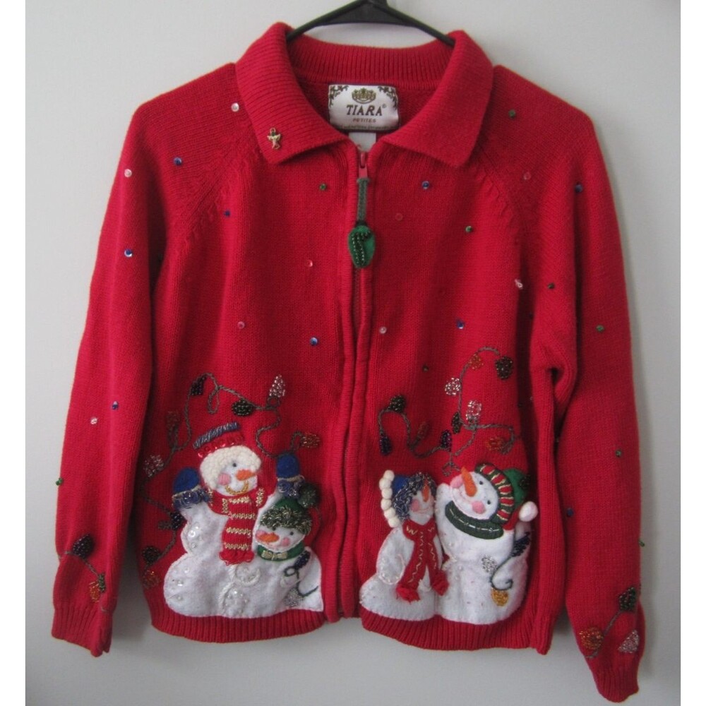 Vintage Y2K Tiara Petites Christmas Sweater PL Snowman Sequin Beaded Cardigan